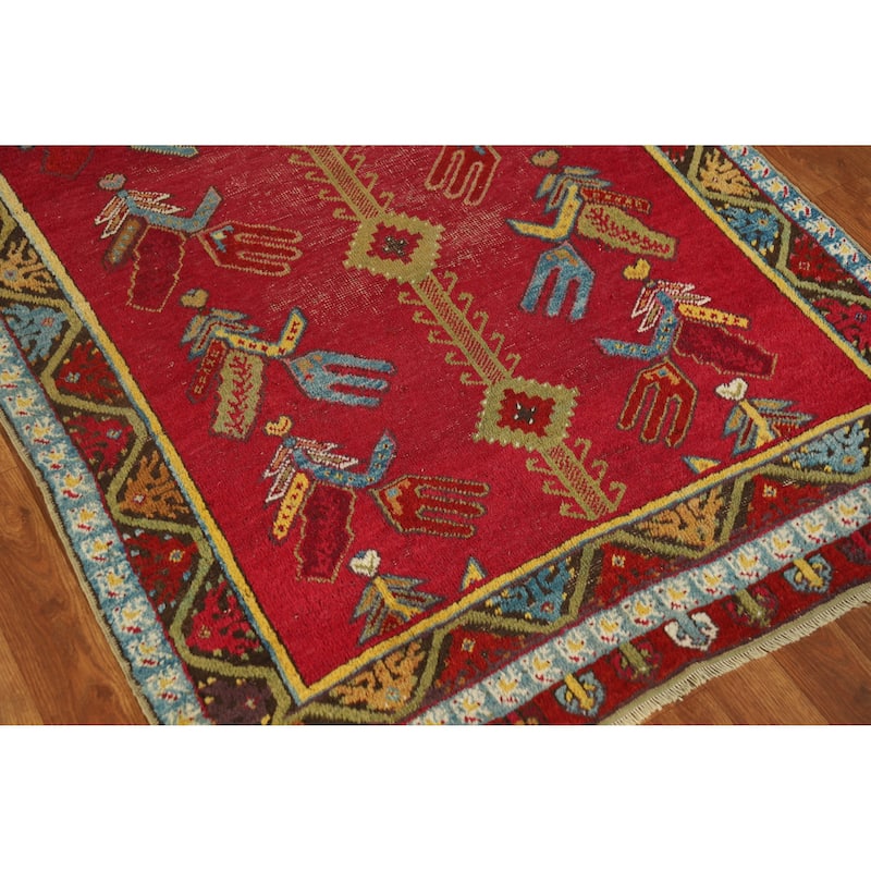 Hand Knotted Oriental 100% Wool Carpet Traditional Geometric Red Karabagh Runner Rug - 12' 0'' X 3' 7''