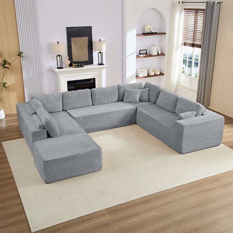 Corduroy 141'' Deep Seat Modular Sectional Sofa, Modern 8-Seater U-Shape Sofa Couch with Moveable Ottoman
