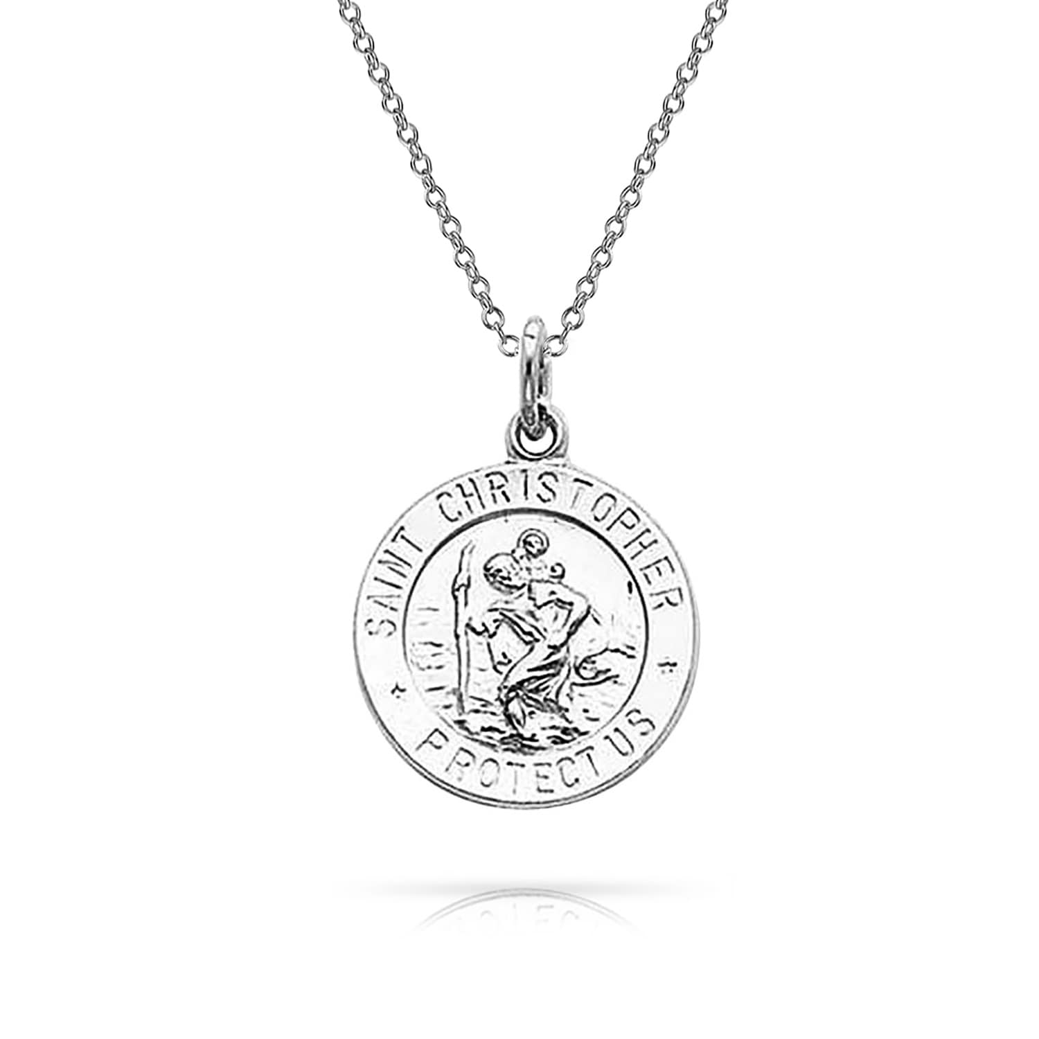 18-Inch Rhodium Plated Necklace with 4mm Sterling Silver Beads and Sterling Silver Saint Christopher Charm.