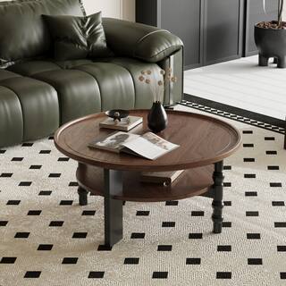 35.43" Round Coffee Table,Brown Solid Wood with 4 Black Legs