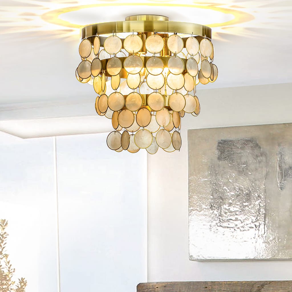 3/4 -Light Round Coastal Capiz Tiered Flush Mount Ceiling Light With Antique Gold Metal And Natural Seashell-OB