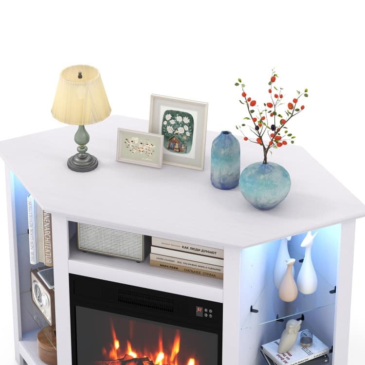 Electric Fireplace Corner TV Stand with LED Lights and Adjustable Glass Shelves - 45" x 22" x 30"