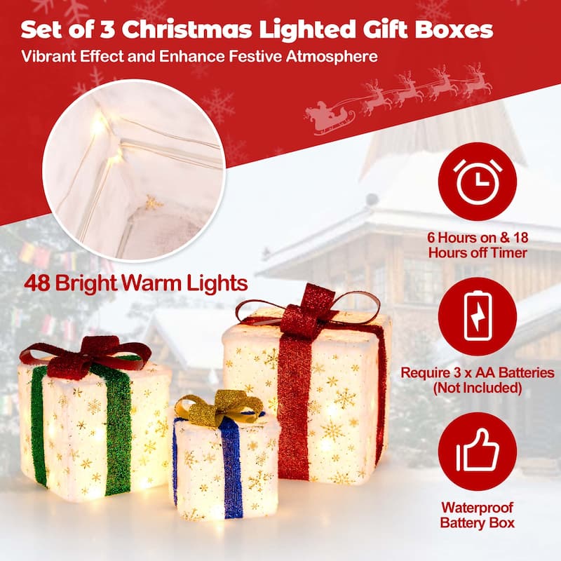 3PCS Christmas Lighted Gift Boxes Pre-lit Present Decoration w/ Lights - White+Red+Golden+Green+Blue