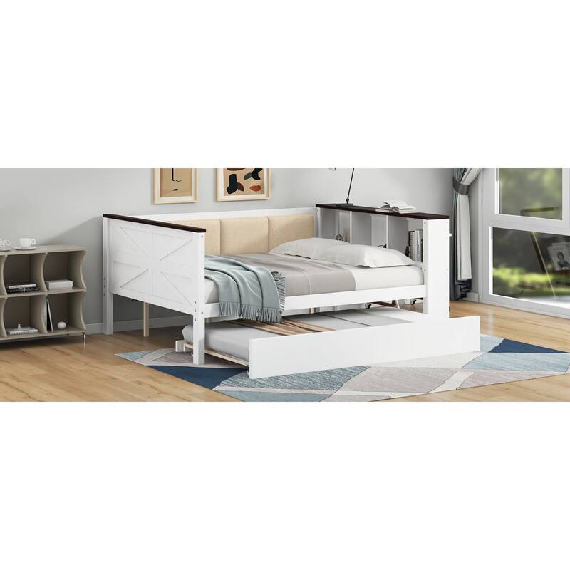 Roomfitters Twin/Full Wood Daybed with Storage Shelves, USB Ports and Trundle, White