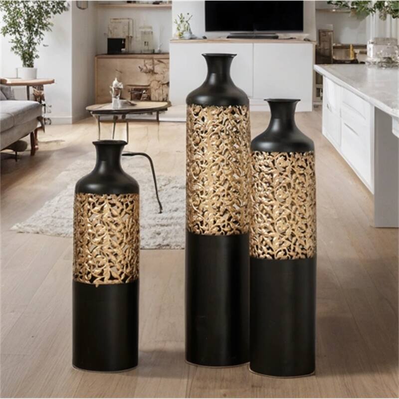 Decorated Floor Glazed Metal Vases (Set of 3)