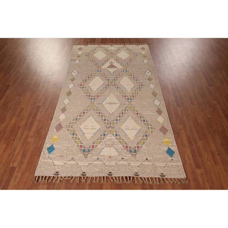 Geometric Moroccan Area Rug Hand-Knotted Oriental Wool Carpet - 5'7"x 10'0"