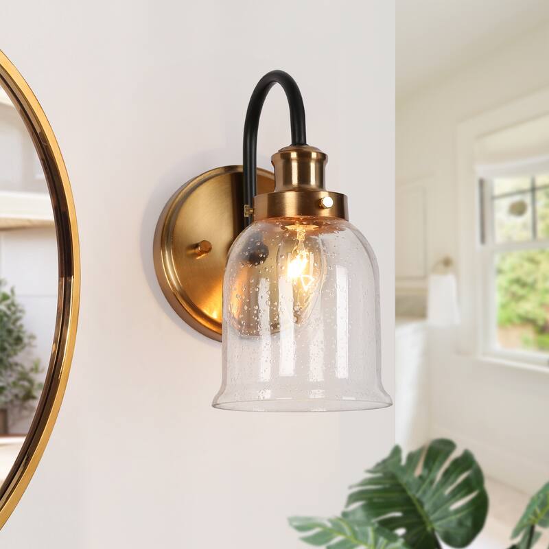 Kesa Modern Black Gold 1-Light Wall Sconces Bathroom Vanity Lights with Seeded Glass