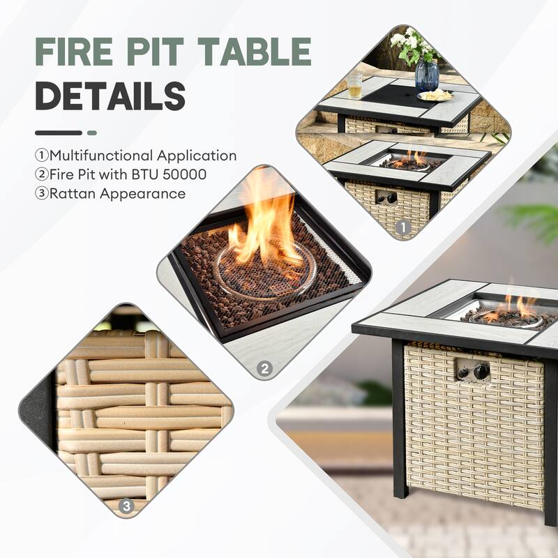 HOOOWOOO 5-piece Outdoor Patio Furniture Rattan Chat Set with Fire Pit Table