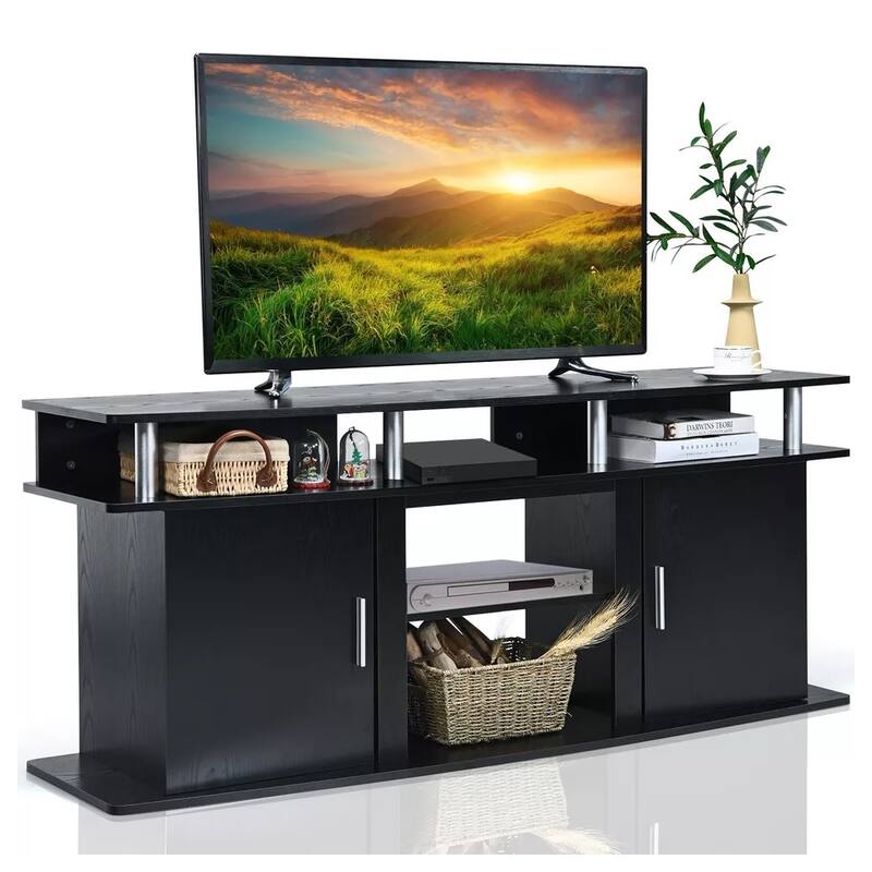 63" TV Stand Center W/ 2 Cabinets Up to 70" Black - 62 inches