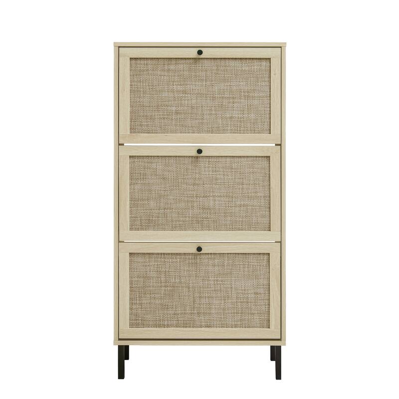 GDFStudio - Natural Rattan Modern Shoe Storage Cabinet with 3 Doors