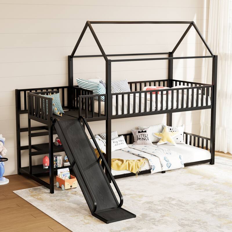 Twin metal House Bunk Bed with Storage Stairs, Slide, Safety Rails, Black - Black