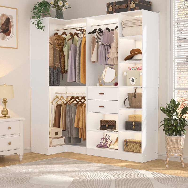 Vryon Set of 2 Corner Closet Organizer, 70.9'' W Closet System with Drawers and Hanging Rods - Tower Organizer - White