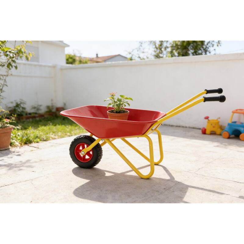Heavy-Duty Steel Children's Wheelbarrow - 33lb Capacity Metal Garden Cart with Steel Tray, Red
