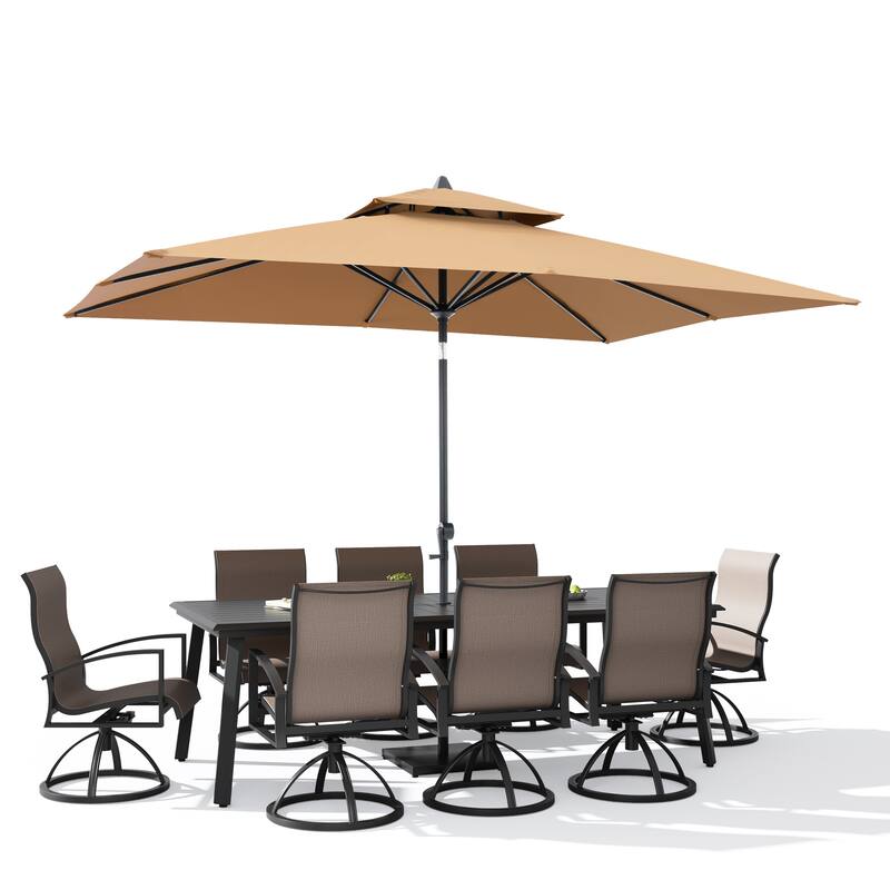 11-Piece Outdoor Aluminum Dining Table and Swivel Sunbrella Dining Chairs with Umbrella and Base Set