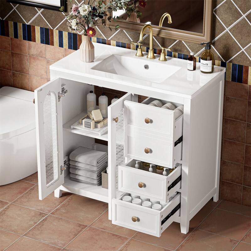 36'' Bathroom Vanity with Ceramic Sink Top, Bathroom Storage Cabinet with 2 Soft Close Doors, 3 Drawers and Adjustable Shelf