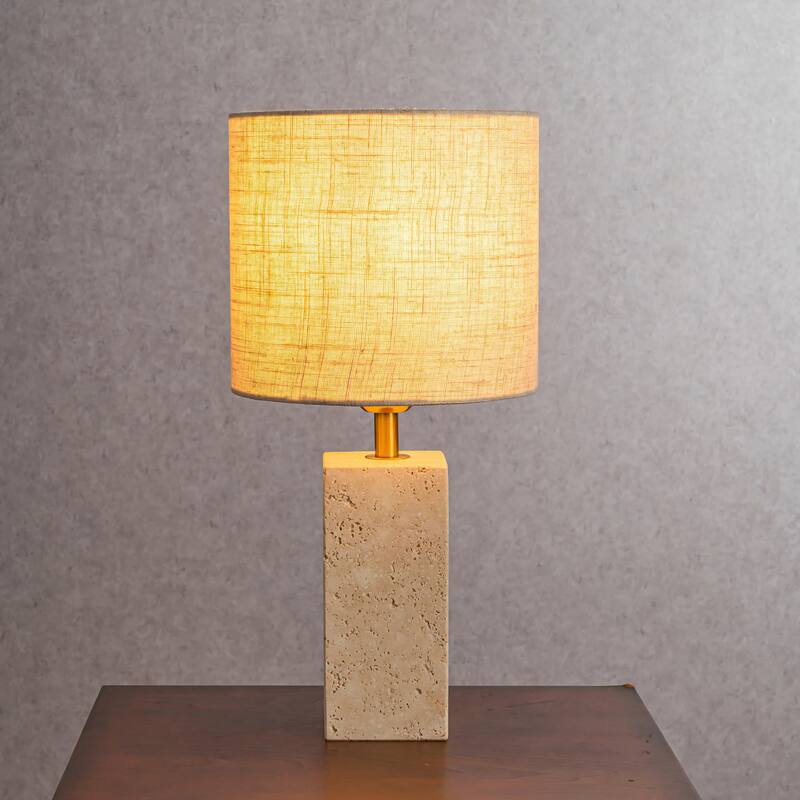 CraftHome 1-Light Modern Natural Rectangular Travetine Table Lamp With Beige Linen Shade For Bedroom and Living Room - W8'' - Yellow Travertine