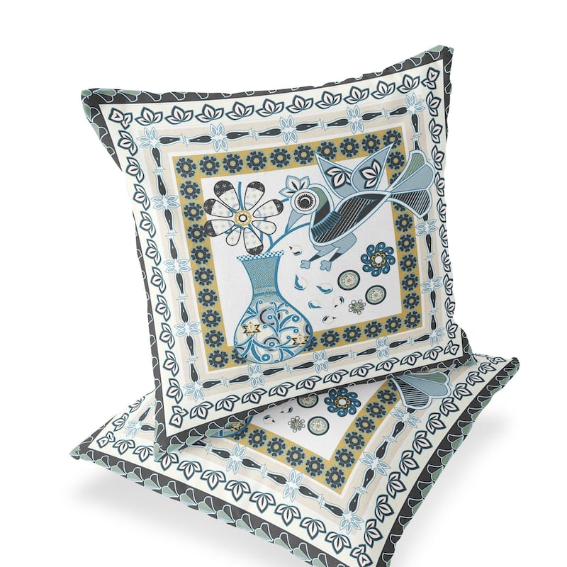 HomeRoots Set of Two 16" X 16" Black and White Peacock Blown Seam Floral Indoor Outdoor Throw Pillow - 16.00' X '16.00' X '5.00