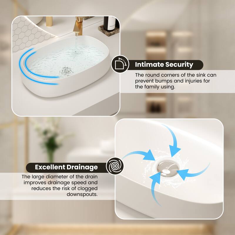 Solid Surface Vessel Bathroom Sink with Pop-Up Drain and Drain Hose, Modern Above Counter Wash Basin with Center Drain