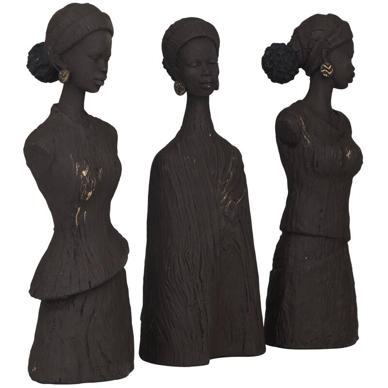 Polystone Woman African Sculpture - Set of 3 Dark Gray - Roche River Decor - 4"W x 4"L x 13"H