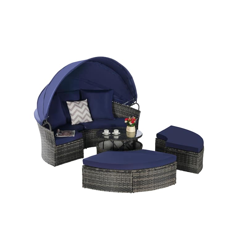 5 Pieces Outdoor Patio Rattan Round Daybed Sunbed with Retractable Canopy and Removable Cushions
