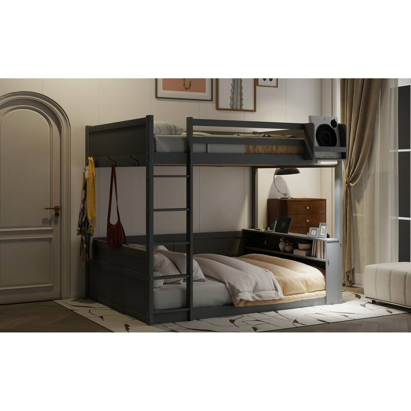 Queen Size Pinewood Bunk Bed with Built-in Shelves, Storage Box, LED Lights and USB Charging Station