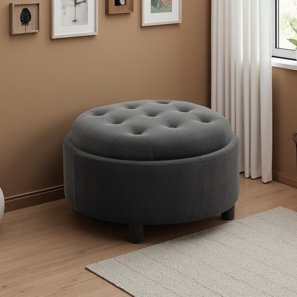 slide 2 of 11, 29.33" Round Fleece Ottoman with Reversible Lid & Hidden Storage Gray
