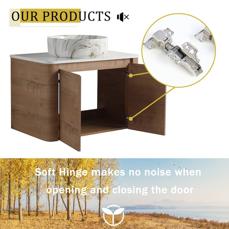 30'' Wall-Mounted Bathroom Vanity With Ceramic Art Sink & 2-Soft-Close Door, KD-Packing, Plywood