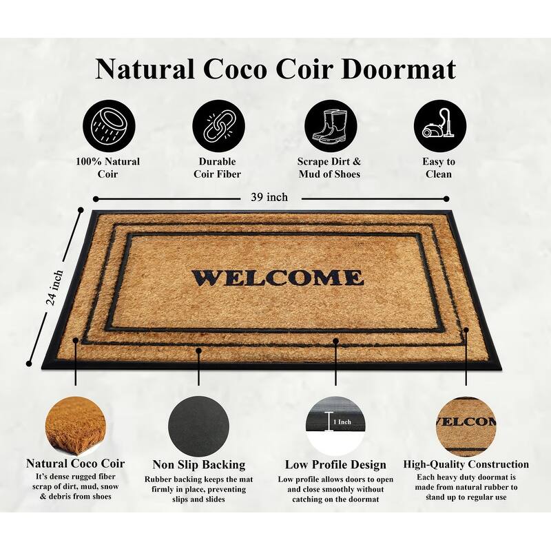 A1HC Natural Coir & Rubber Door Mat, Heavy Duty, Dirt Trapping, Long-Lasting Entrance Doormats,Thick & Durable Outdoor Entry Mat