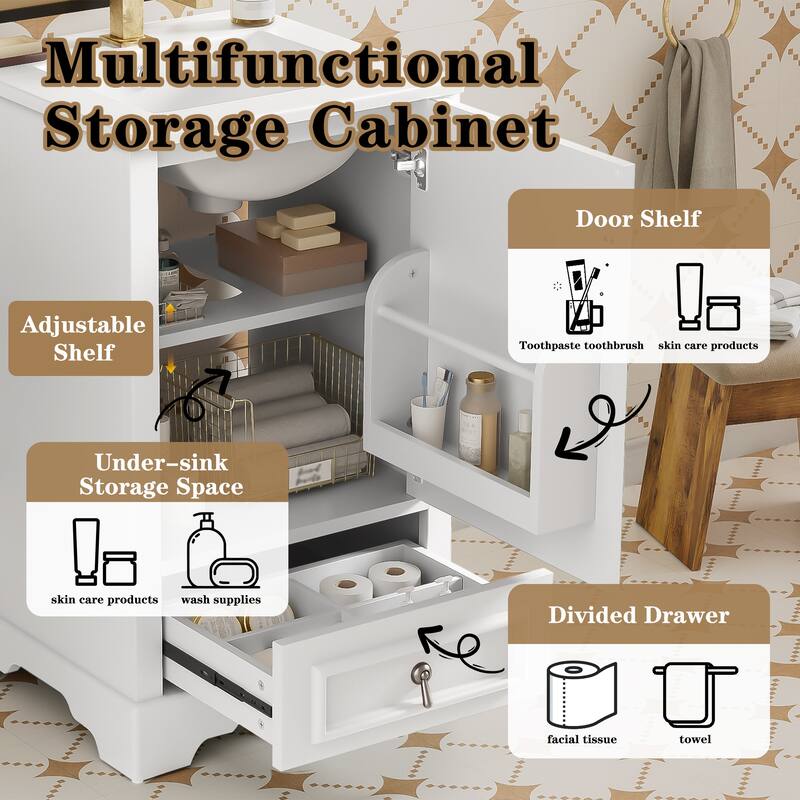 20" Bathroom Vanity with Ceramic Sink, Soft-Close Door, Drawer, Adjustable U-Shaped Shelf, Modern Freestanding Design