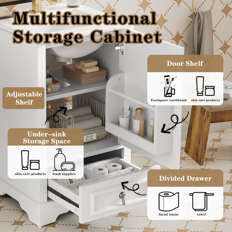 20 Inch Bathroom Vanity With Ceramic Sink, Soft Close Door, Adjustable U-Shaped Shelf, Compartment Drawer And Door Storage Rack