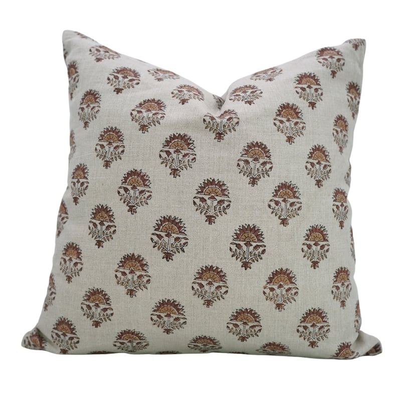 Fabdivine 12x20 Handmade Pure Linen Cushion Cover Floral Mustard Ideal for Sofa, Floral Block Print, Accent Décor, Bagru Buti - Pillow Covers - Inderjeet- Chocolate Brown - 20" x 20"