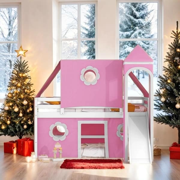 slide 2 of 10, Full Size Loft Bed with Slide Blue Tent and Tower, Pink Pink