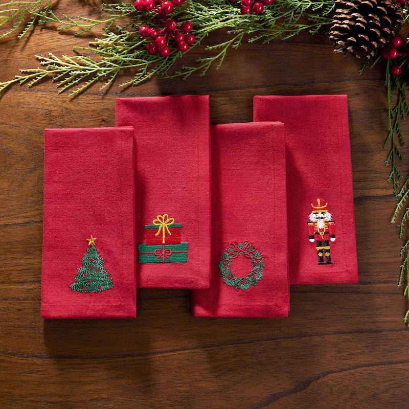 Holiday Embroidered Cotton Napkins, Set of 4 - 17x17