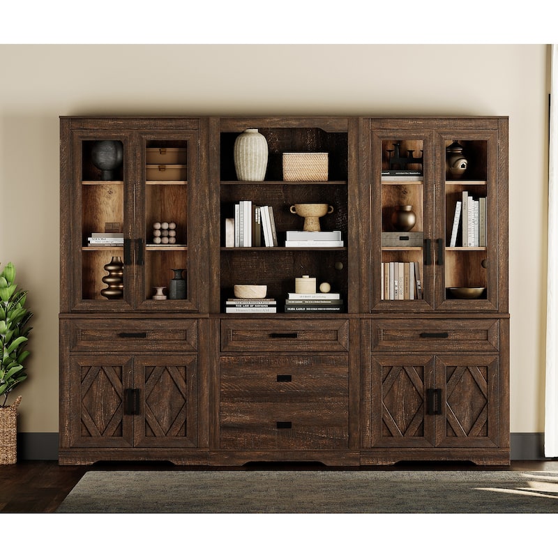 3-Column 73.3" Tall Bookshelf Set with Open Storage and Glass Doors - Rustic Brown - 2 Glass Door&1 Open Shelf