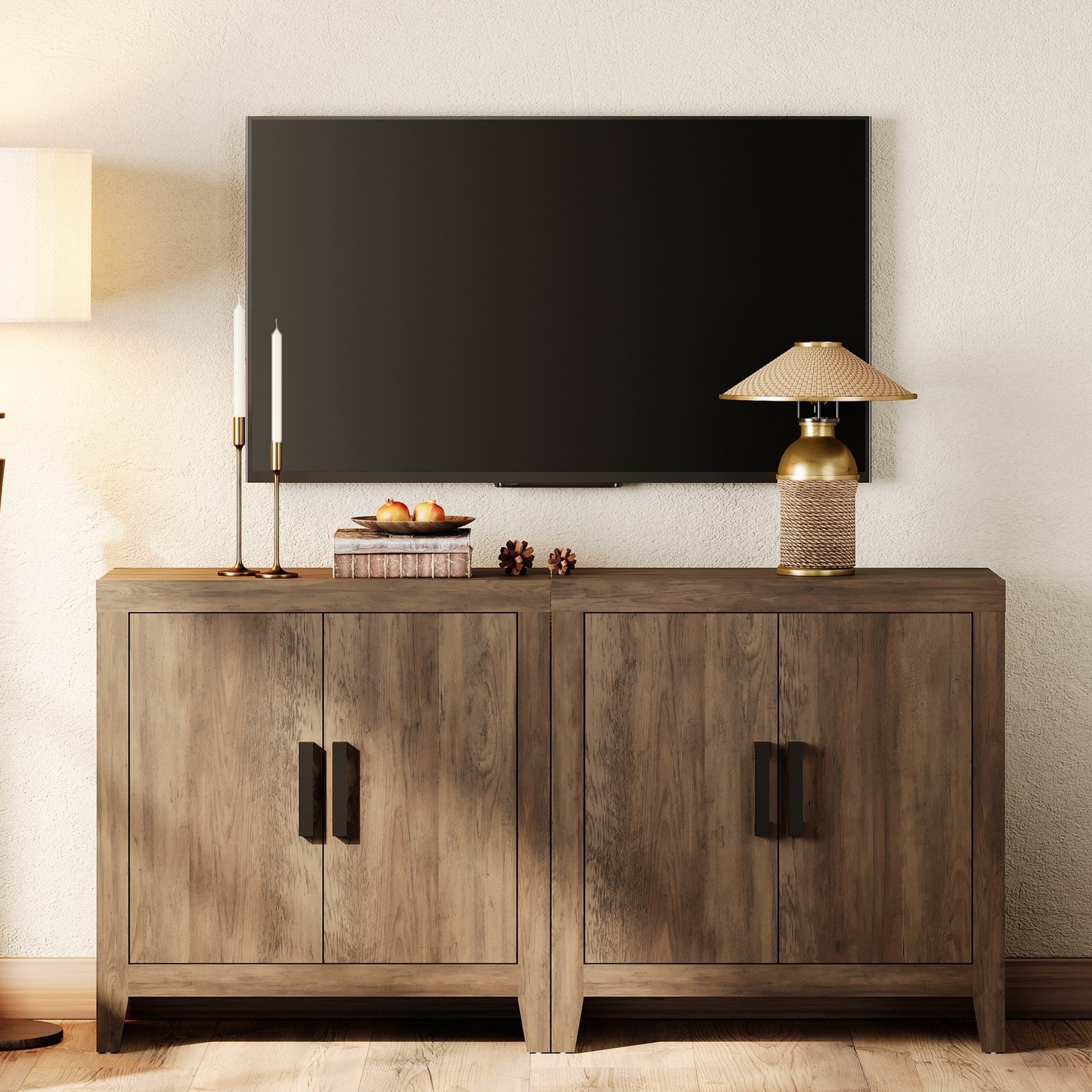 WAMPAT Modern Farmhouse Entertainment Center with Storage Cabinet & Adjustable Shelf, Wood TV Stand for Living Room