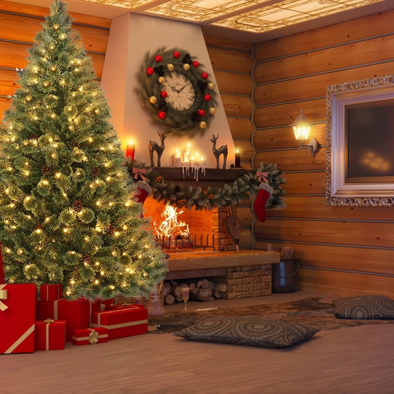 Gymax 6FT Pre-lit Flowering Artificial Green Hinged Christmas Tree PVC - See Details