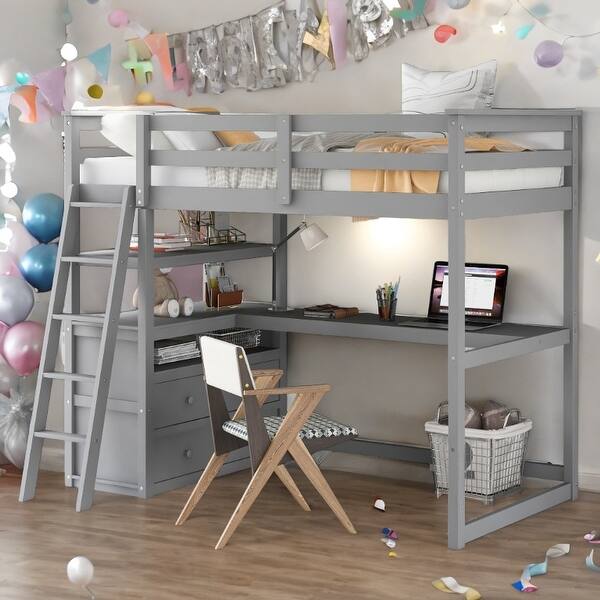slide 2 of 27, Wood Loft Bed Sturdy Frame with Desk and Shelves,2 Drawers,Twin Size Gray