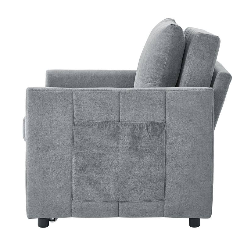 31.5" Pull Out Convertible Sleeper Sofa with 5-Position Adjustable Backrest, Side Pockets, Storage Basket, Grey Chenille