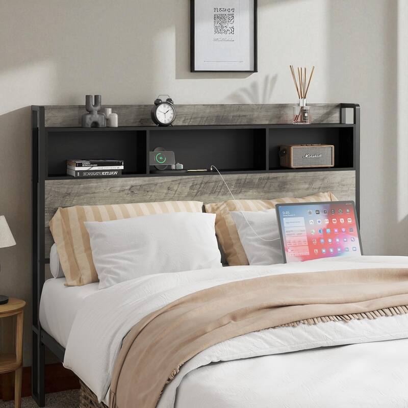 Twin/Full Size Bed Frame with Headboard Storage and Built-In Charging Station, Sturdy Wood & Metal Design