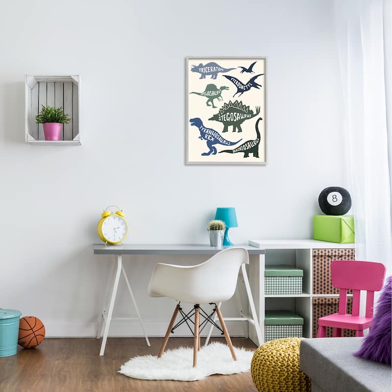 Stupell Simple Dinosaur Types Silhouette Names Diagram Framed Wall Art - Blue