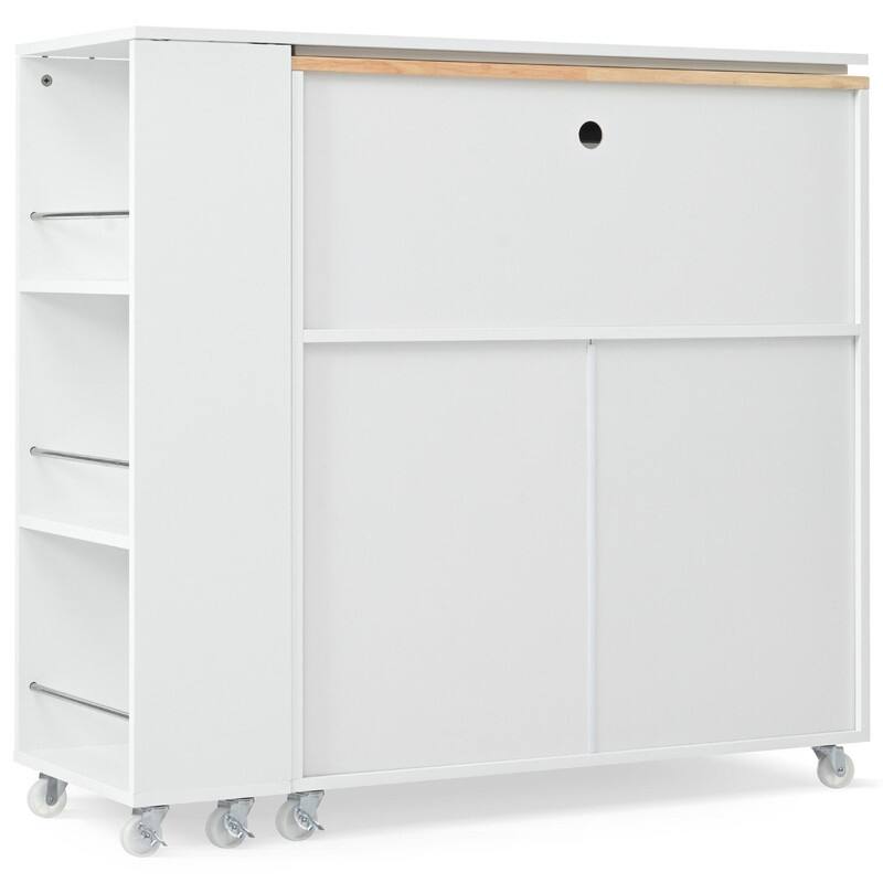 Rolling Kitchen Island on Wheels With Extended Table,LED Lights,Power Outlets and 2 Fluted Glass Doors