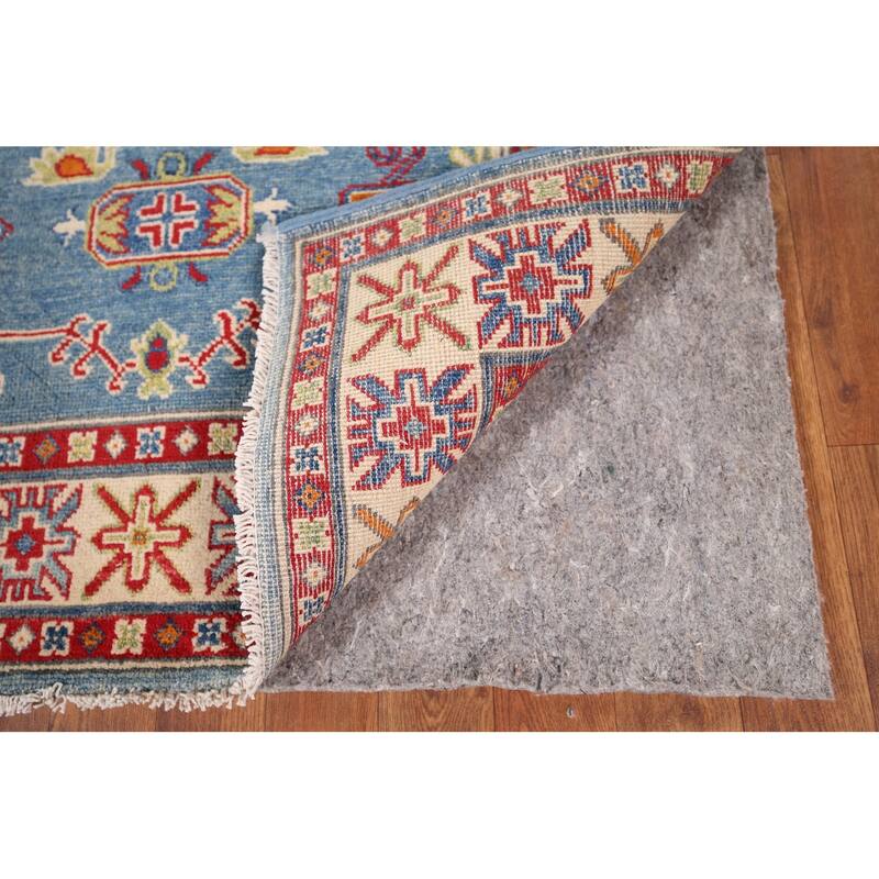 Light Blue Geometric Kazak Accent Rug Hand-Knotted Foyer Wool Carpet - 3'4" x 4'11"
