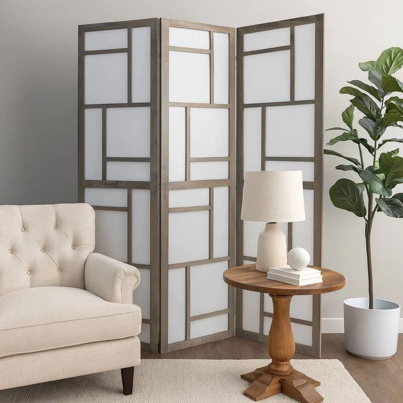 Contemporary 3 Panel Wooden Screen with Geometrical Designs, Gray