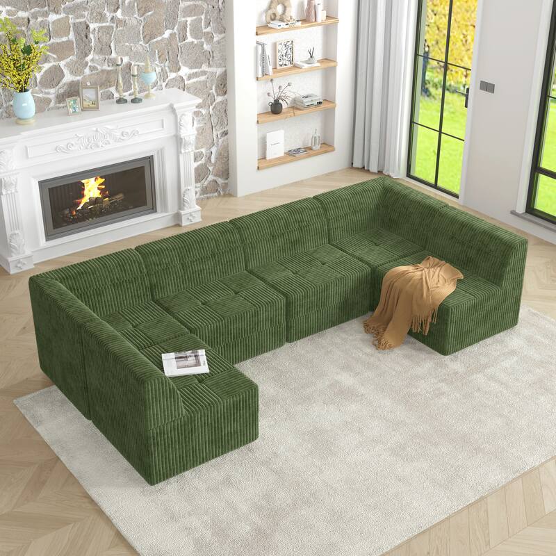 Roomfitters U-Shape Modular Sectional Sofa, Oversized Corduroy Sleeper Couch with Comfy Cushions, Space-Saving Design - Green