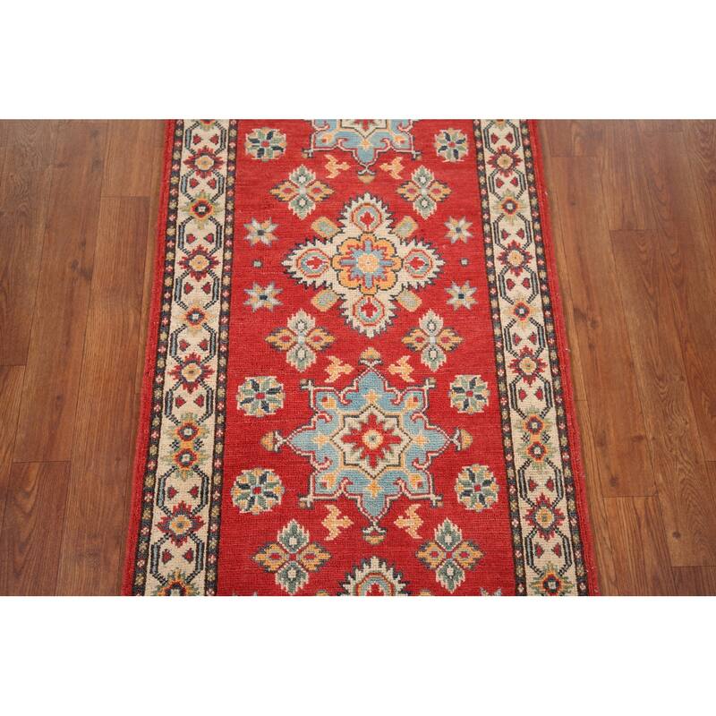 Geometric Red Kazak Oriental Runner Rug Handmade Wool Carpet - 2'2" x 5'7"