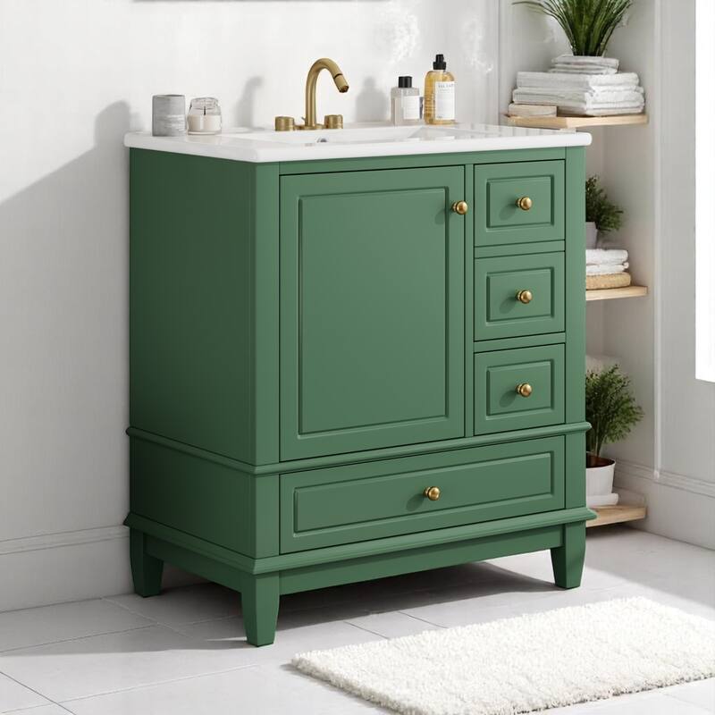 30" Freestanding Bathroom Vanity with Sink, One Door Cabinet and 3 Drawers, Solid Wood Frame & MDF Board - Green