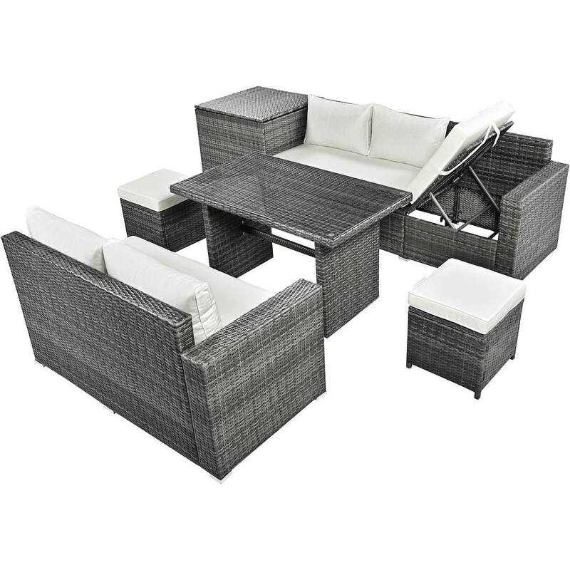 6-Piece PE Rattan Patio Sofa Set with Storage & Adjustable Seats