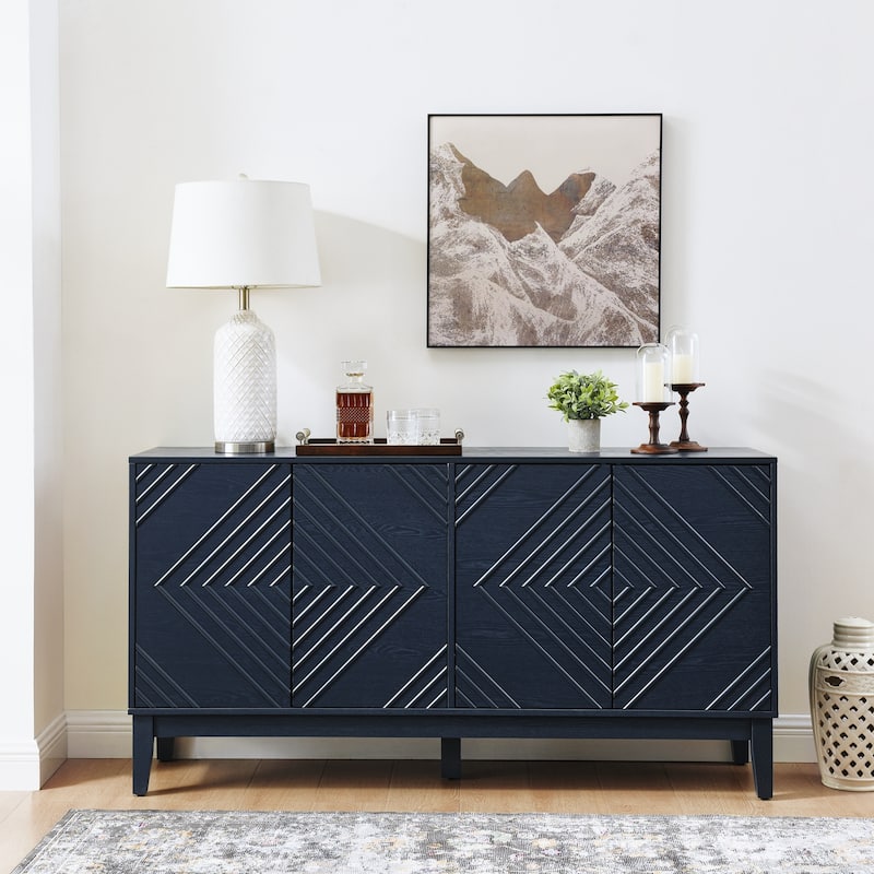 Buffet Cabinet with Storage, Farmhouse Fluted Sideboard with Geometric Pattern & Adjustable Shelves