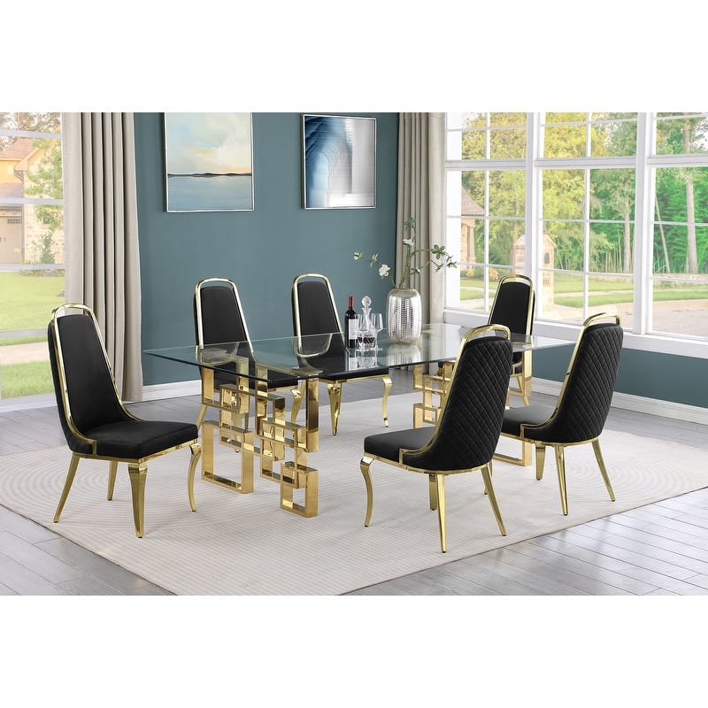 Best Quality Furniture Big Glass Table Dining Sets - 7pcs - Gold Chrome - Black