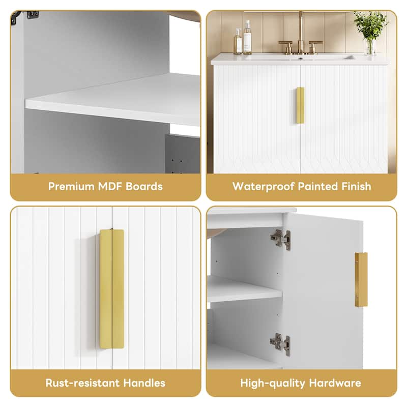 Wall-Mounted Bathroom Vanity with Ceramic Sink, Floating Bathroom Storage Cabinet, 30 Inch